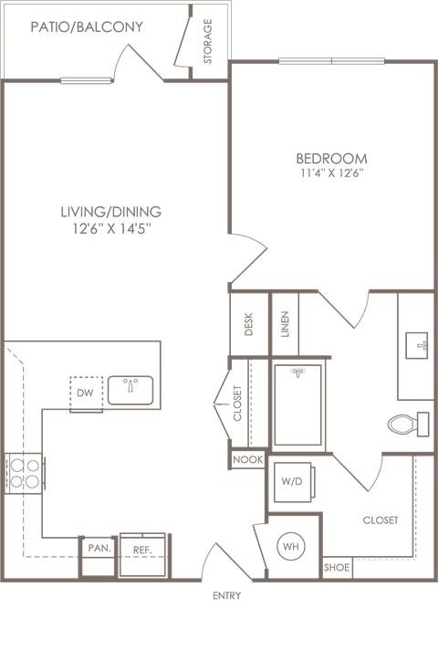 Floor plan for 1 bed, 1 bath, 737 sqft